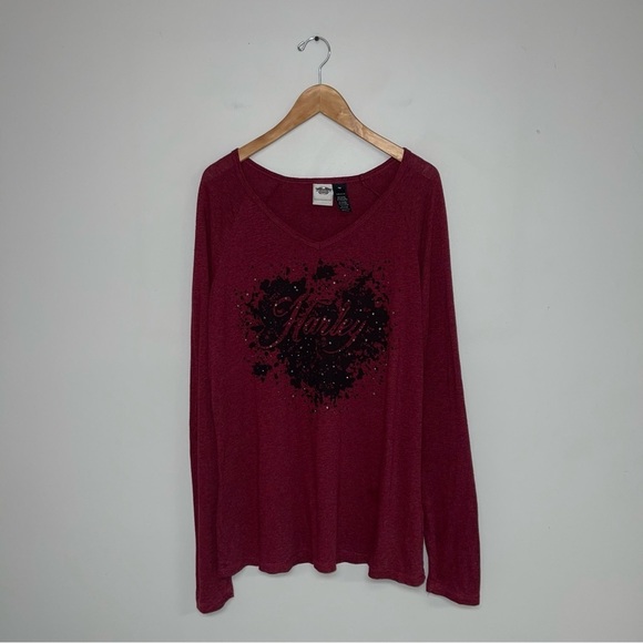 Harley-Davidson Long Sleeve Shirt  Blouse Top Studded‎ Rhinestone Red Women's 1W - Picture 2 of 7